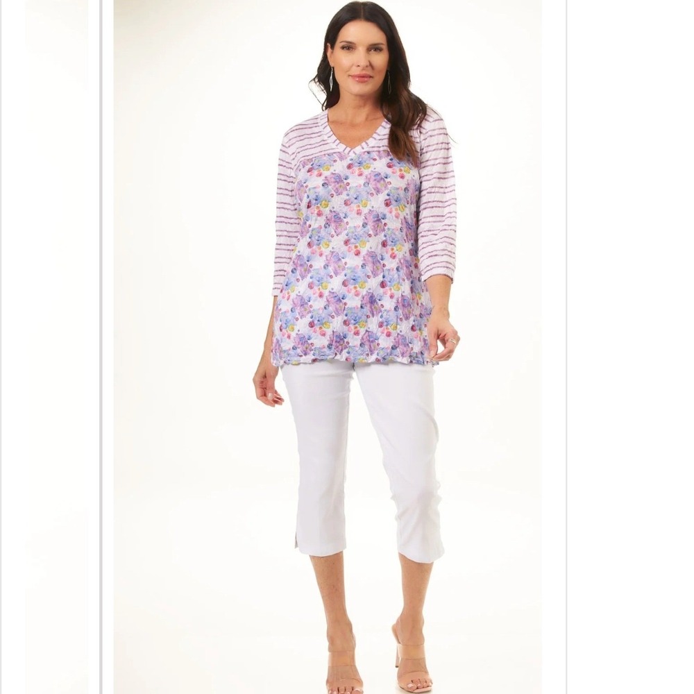Shana Floral Stripe 3/4 Sleeve V-Neck Tunic Top XL Purple Blue3/ - Picture 7 of 15